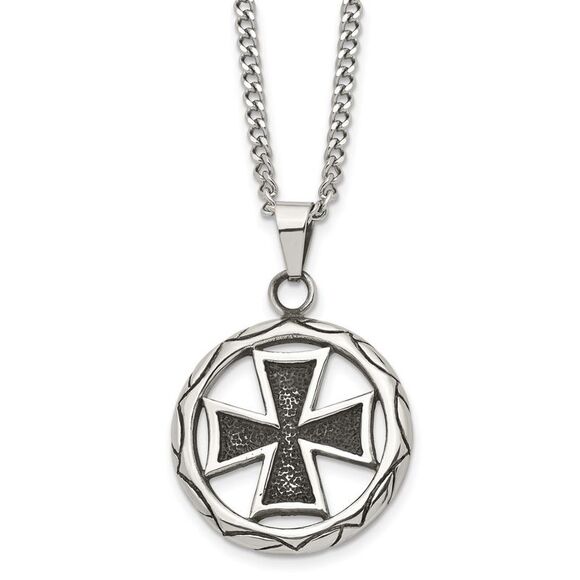 Men's Stainless Steel Antiqued Maltese Cross Circle Necklace 22 Inch